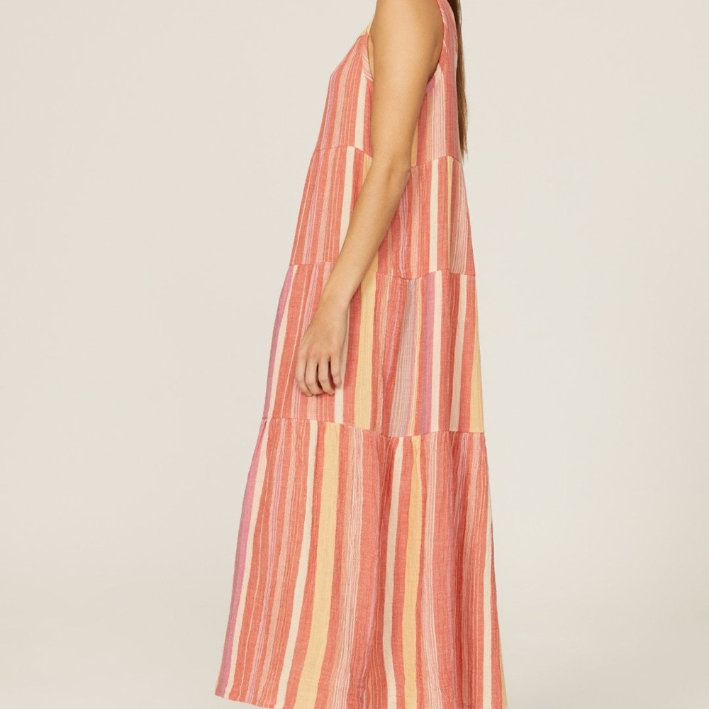 Marine Layer Corinne Striped Maxi Dress Pink Orange Tiered Boho Pocket Size L - Picture 2 of 9